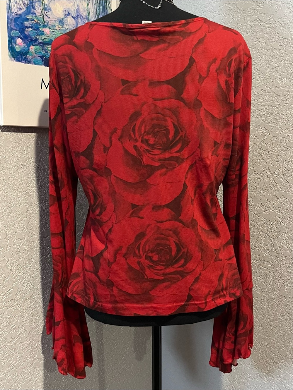 Y2K Fashion Bug Red rose bell sleeve blouse with tie front detail - Picture 5 of 10